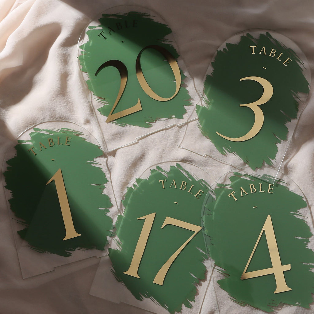 Turf Green Painted Arch Wedding Table Numbers with Stands 1-15