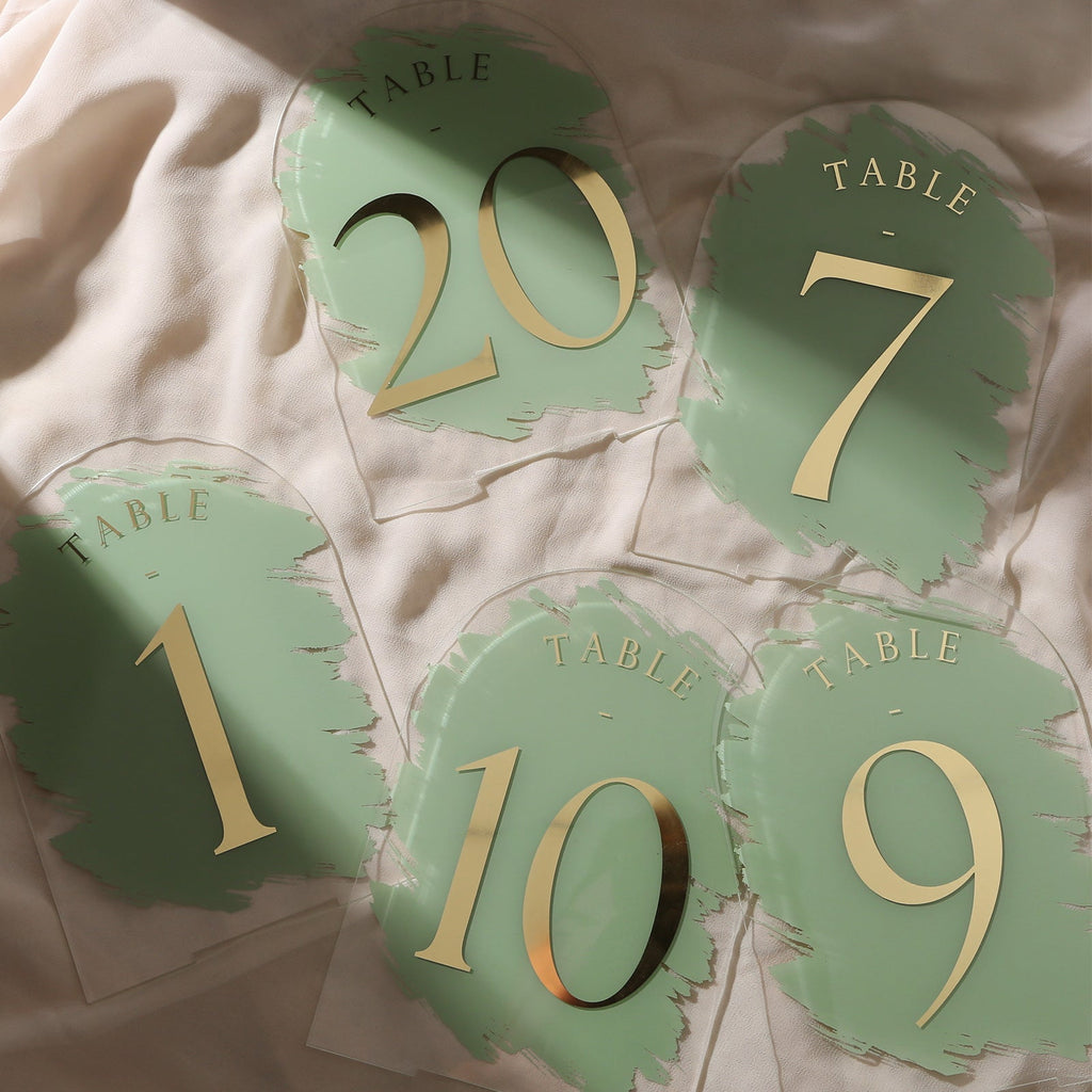 Sage Green Painted Arch Wedding Table Numbers with Stands 1-20