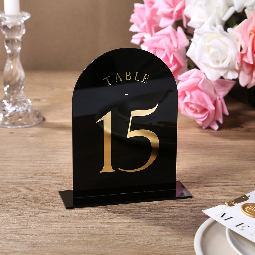 Black Arch Wedding Table Numbers with Stands 1-15