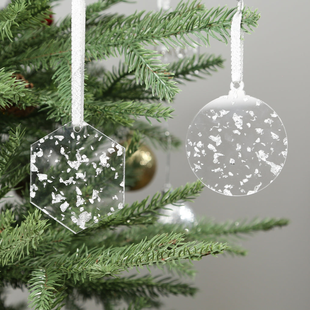 Acrylic Silver Leaf Flakes Christmas Ornaments Set,  3", 3mm Thick, Round & Hexagon (Silver Foil Flakes)