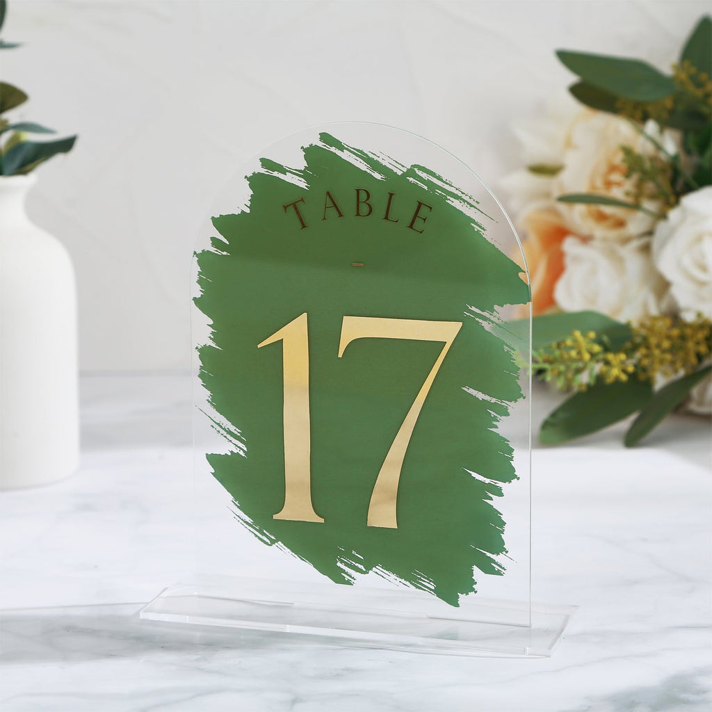 Turf Green Painted Arch Wedding Table Numbers with Stands 1-15