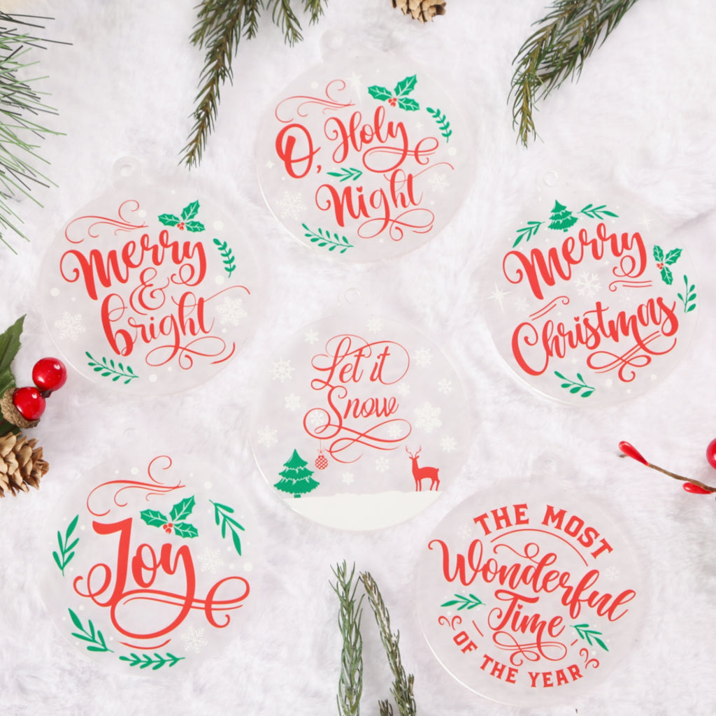 Acrylic Ornaments Set of 12, Frosted Christmas Ornaments, 6 Holiday Designs, Xmas Tree Decor, Frosted Hanging Tags