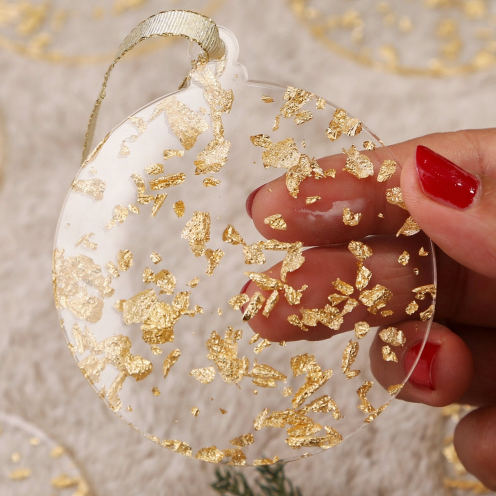 Acrylic Ornaments Set of 12, Gold Leaf Flakes Christmas Ornaments, Xmas Tree Decor, 3", 3mm Thick Round