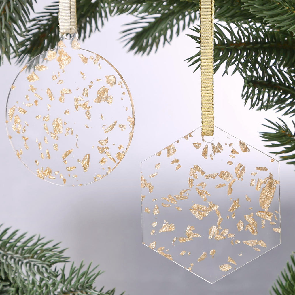 Acrylic Light Gold Leaf Flakes Christmas Ornaments Set,  3", 3mm Thick, Round & Hexagon (Gold Foil Flakes)