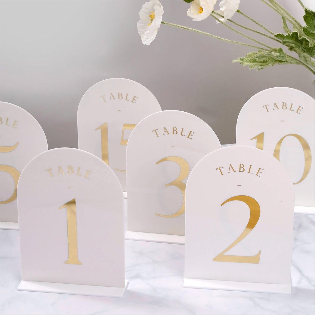 White Arch Wedding Table Numbers with Stands 1-15