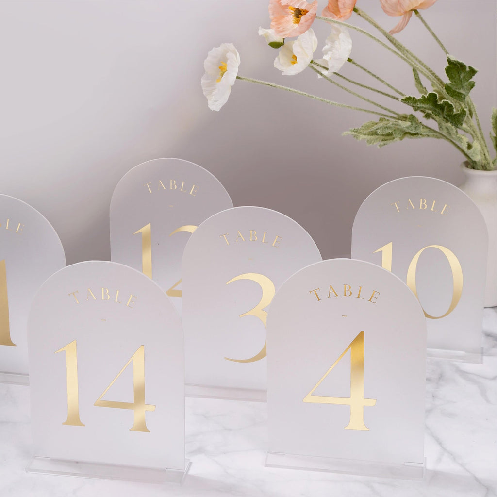 Frosted Arch Wedding Table Numbers with Stands 1-20