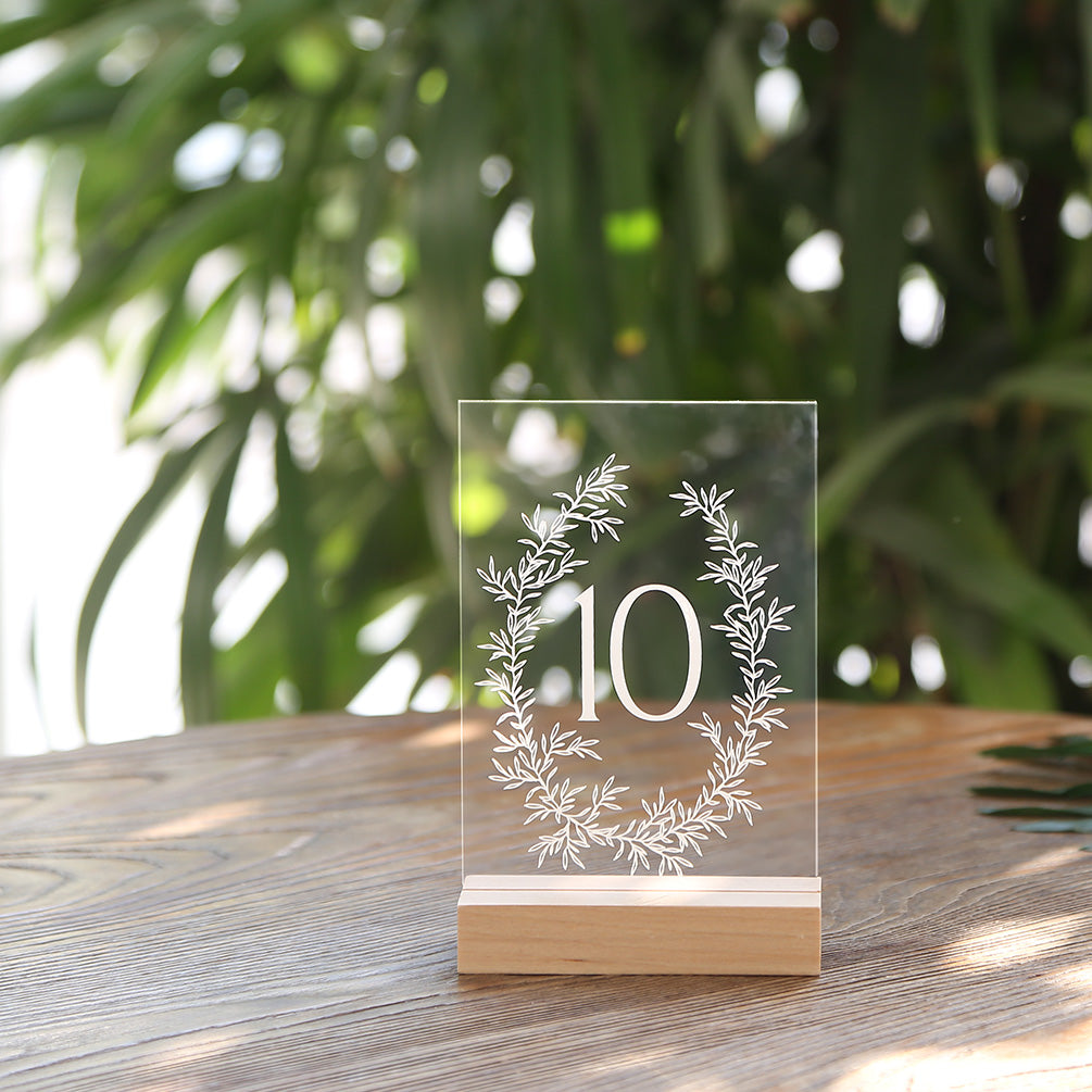 Printed Olive Wreath Acrylic Table Numbers For Wedding | 4x6 inch 1-20 With Wood Stands