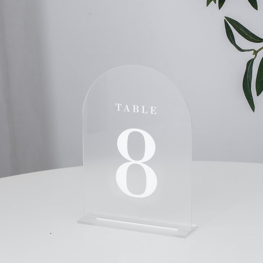 Frosted Arch Wedding Table Numbers with Stands 1-20