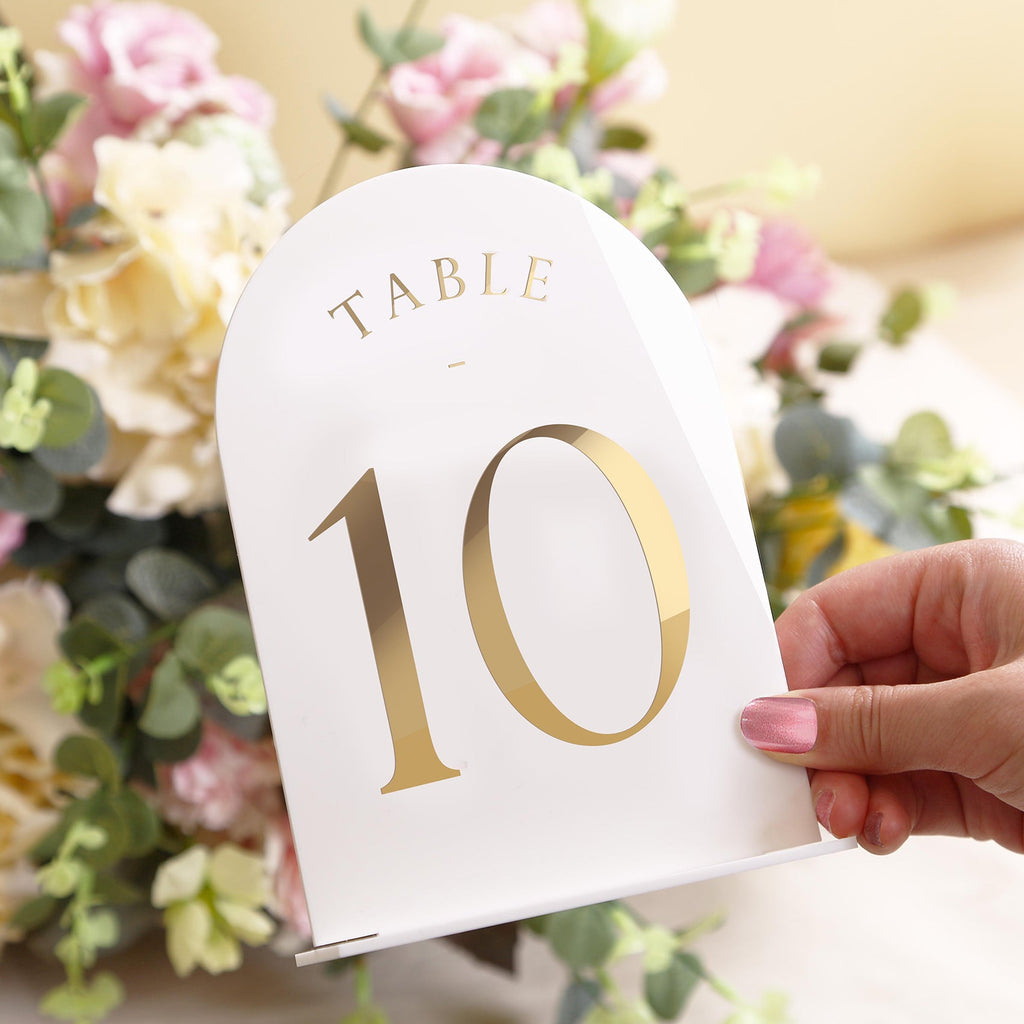 White Arch Wedding Table Numbers with Stands 1-15