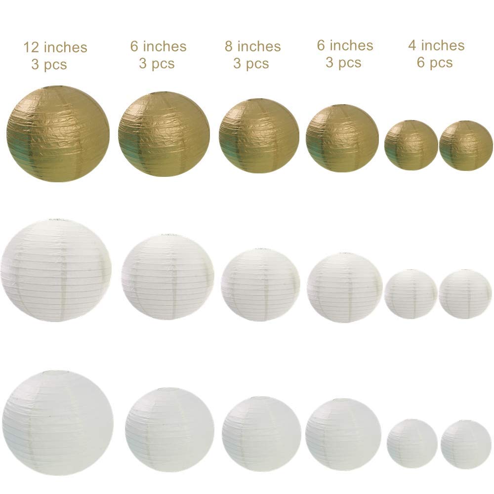 UNIQOOO 18Pcs Premium Assorted Size/Color Gold Paper Lantern Set, Reus, image size:1000x1000