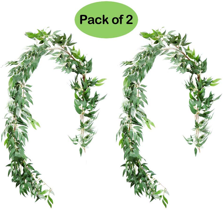 UNIQOOO 5.6 Feet Willow Leaves Garland, Artificial Greenery Wedding Vines, Pack of 2