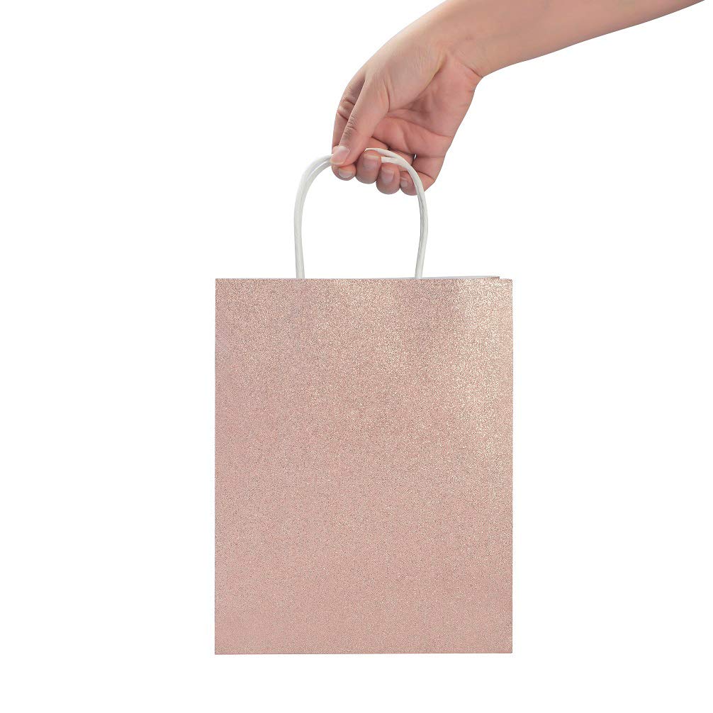 UNIQOOO 12 Pack 9.5 Rose Gold Pink Glitter Kraft Paper Gift Bags