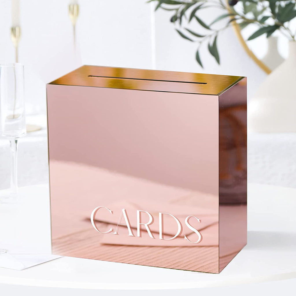 Acrylic Card Box, Rose Gold Mirror / White Print
