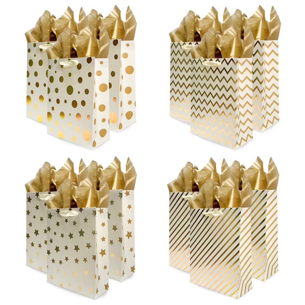 UNIQOOO 12Pcs Premium Assorted Gold Metallic Foil Gift Bags Tissues,