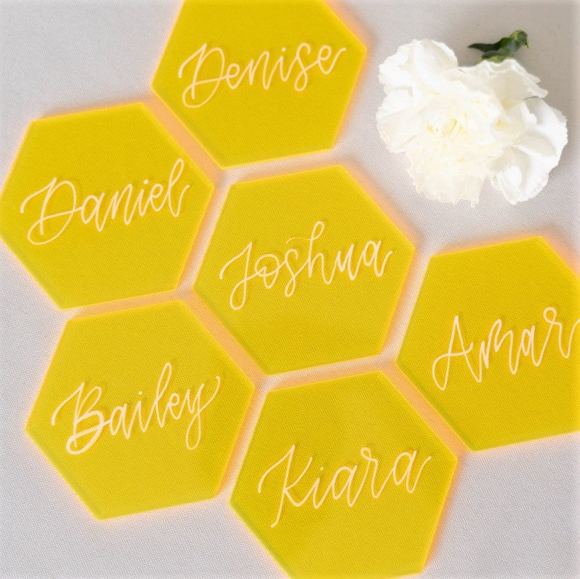 Neon Yellow Hexagon Acrylic Place Cards | DIY Wedding Event Table Seating Escort Cards, 20 Count