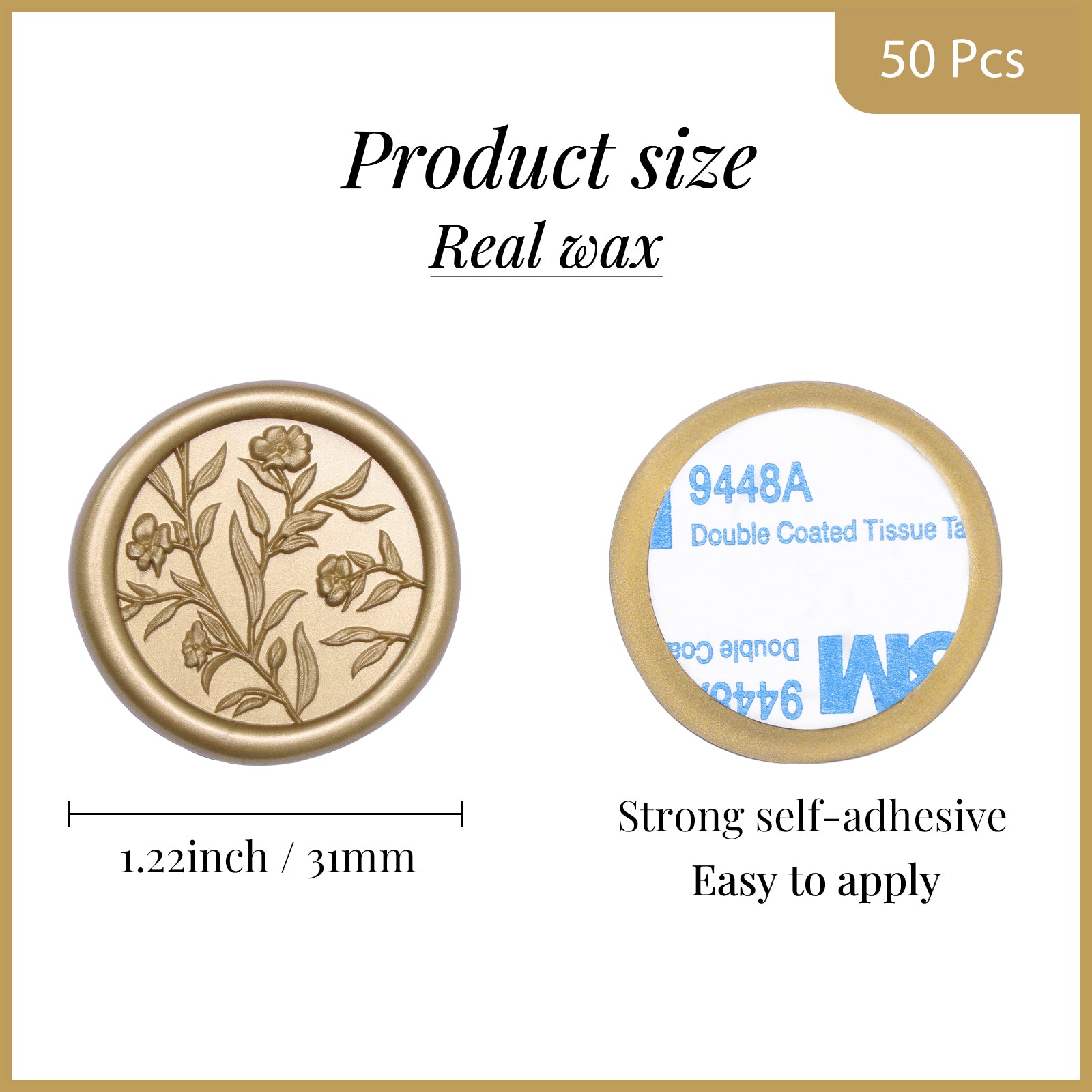 Wax Seal Stickers - 3D Floral Wedding Invitation Envelope Seal Sticker, 50 Pcs Self- Adhesive Prosecco Metallic Light Gold Flower Stickers, Perfect for Invitation, Christmas, Gift Wrapping