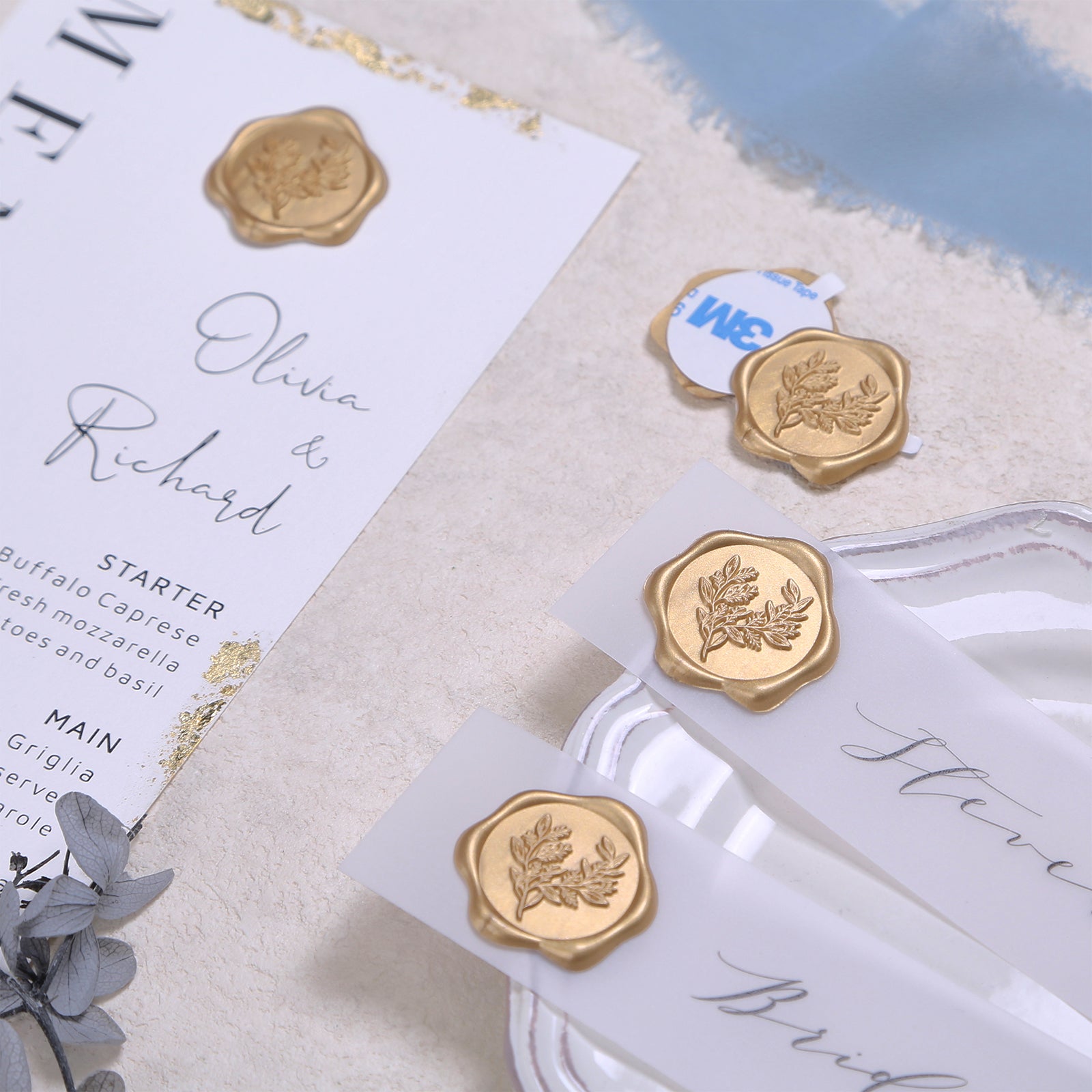 Wax Seal Stickers - Wedding Invitation Envelope Seal Stickers Self Adhesive Prosecco Metallic Light Gold Stickers, Eucalyptus, 100pcs