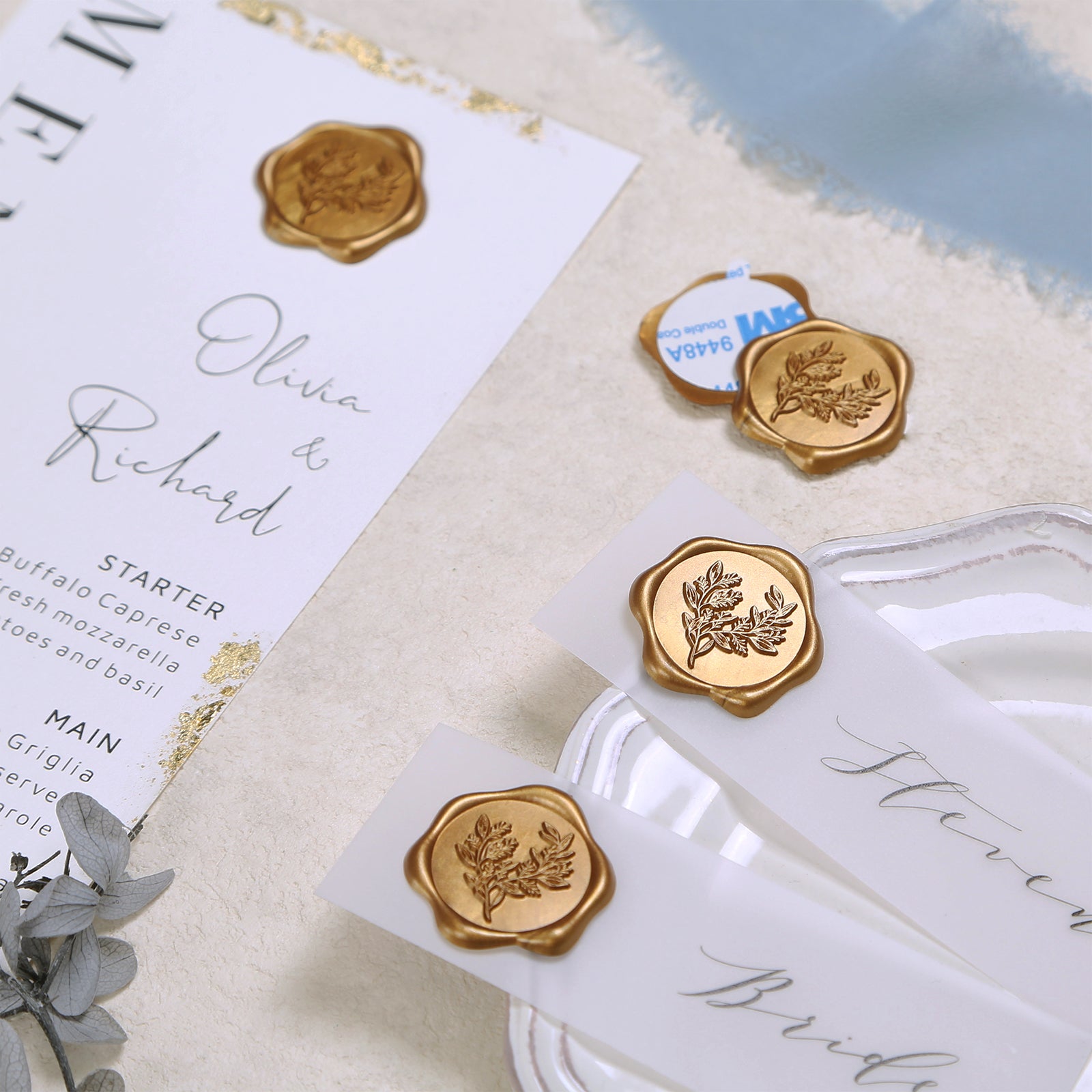 Wax Seal Stickers - Wedding Invitation Envelope Seal Stickers Self Adhesive Antique Gold Stickers, Eucalyptus, 50pcs