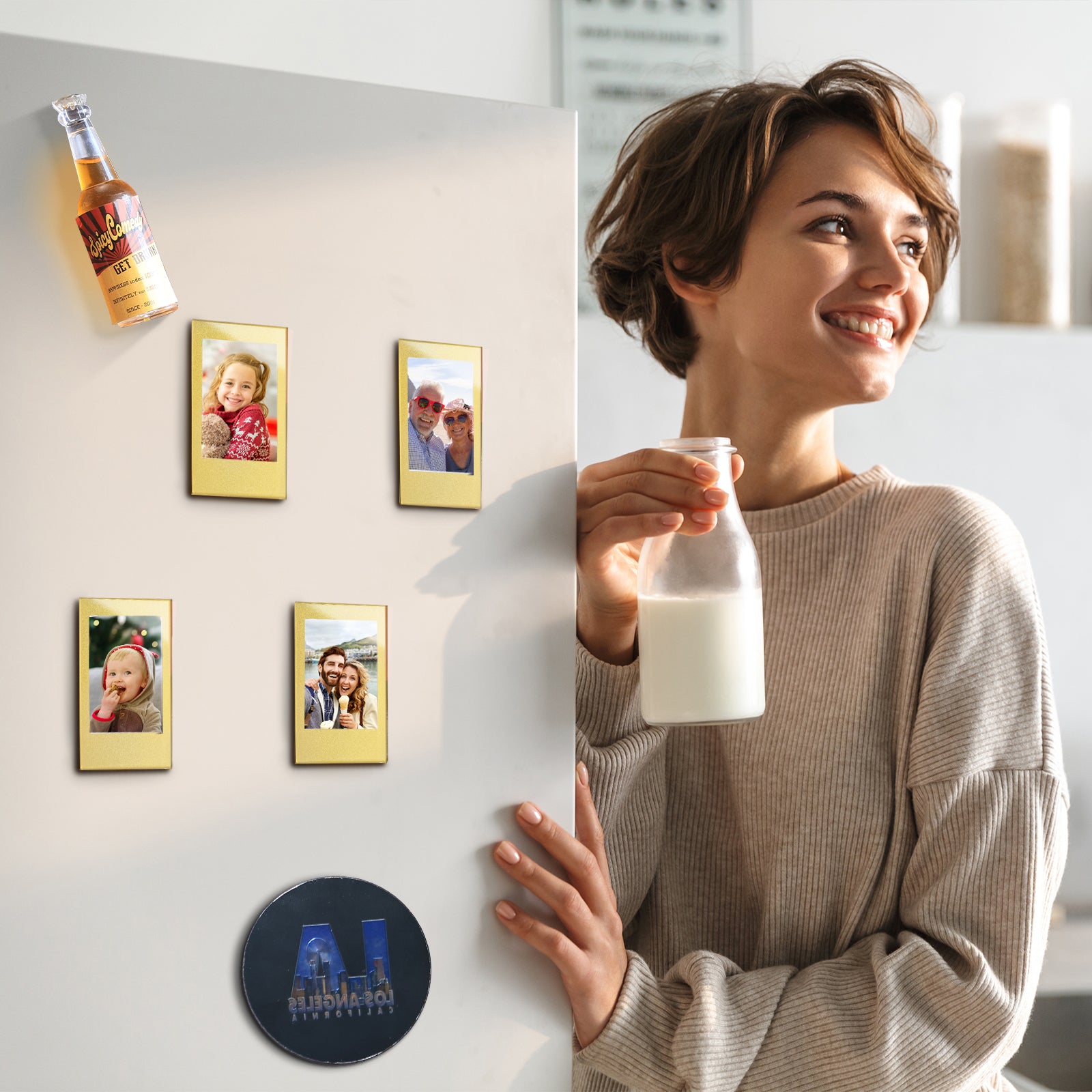 8-Pack Polaroid Fijifilm Mini Printed Gold Acrylic Picture Frame Fridge Magnets - 86x54mm Refrigerator Magnetic Photo Holder for Home Office Cabinet Locker, Decorative Display for Memories