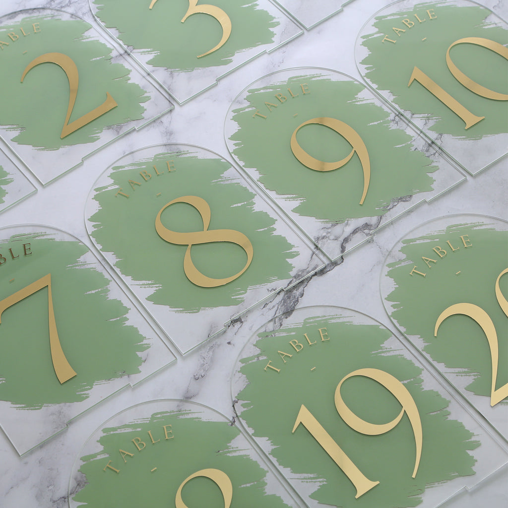 Sage Green Painted Arch Wedding Table Numbers with Stands 1-15