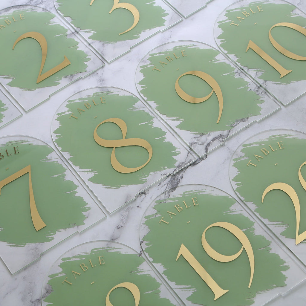 Sage Green Painted Arch Wedding Table Numbers with Stands 1-20