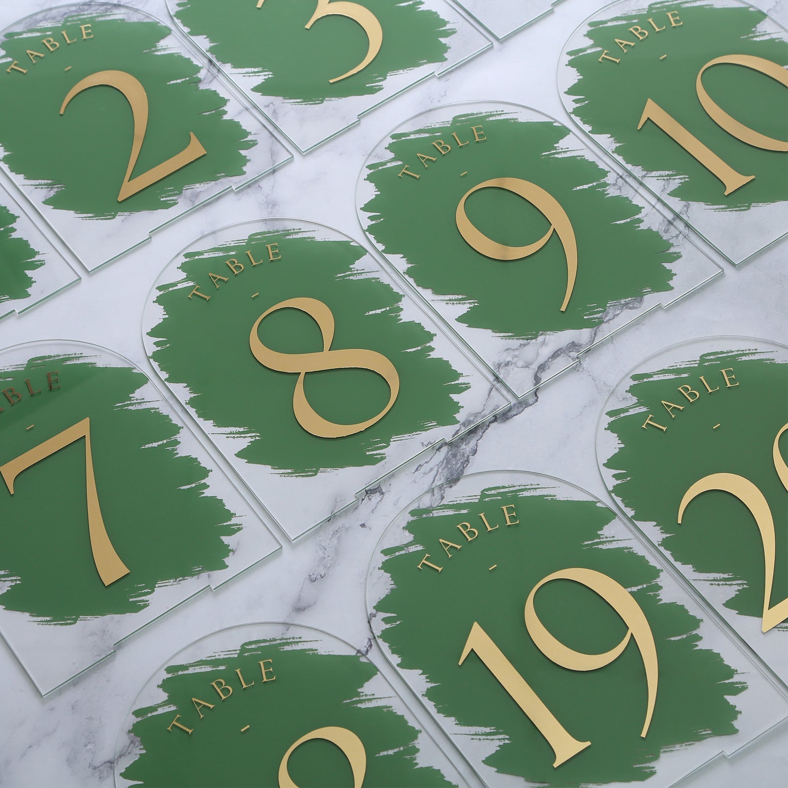 Turf Green Painted Arch Wedding Table Numbers with Stands 1-15