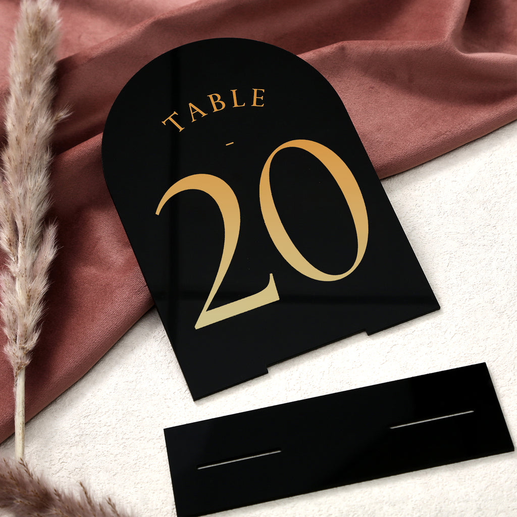 Black Arch Wedding Table Numbers with Stands 1-15