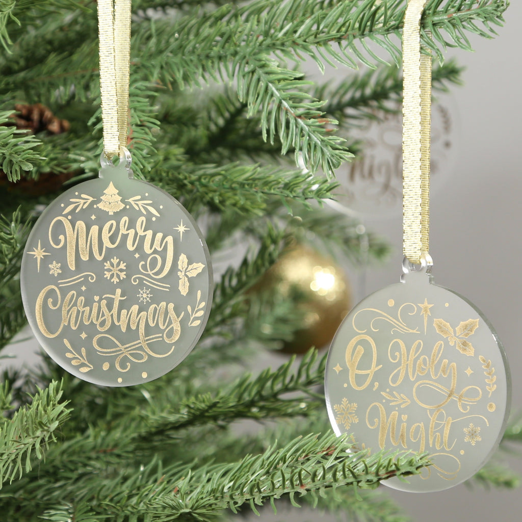 Acrylic Ornaments Set of 12, Frosted Christmas Ornaments, 6 Shinny Gold Designs, Xmas Tree Decor, Sparkle Hanging Tags