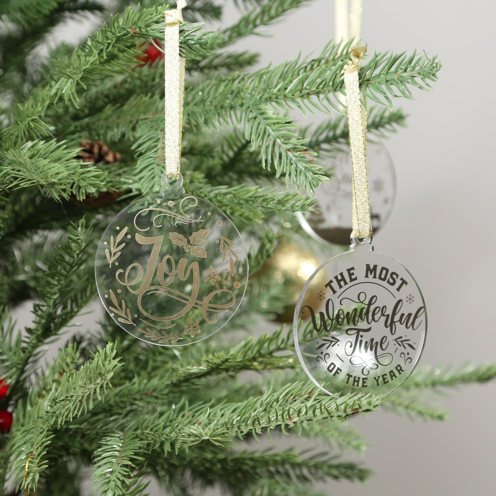 Acrylic Ornaments Set of 12, Clear Christmas Ornaments, 6 Shinny Gold Designs, Xmas Tree Decor, Sparkle Hanging Tags