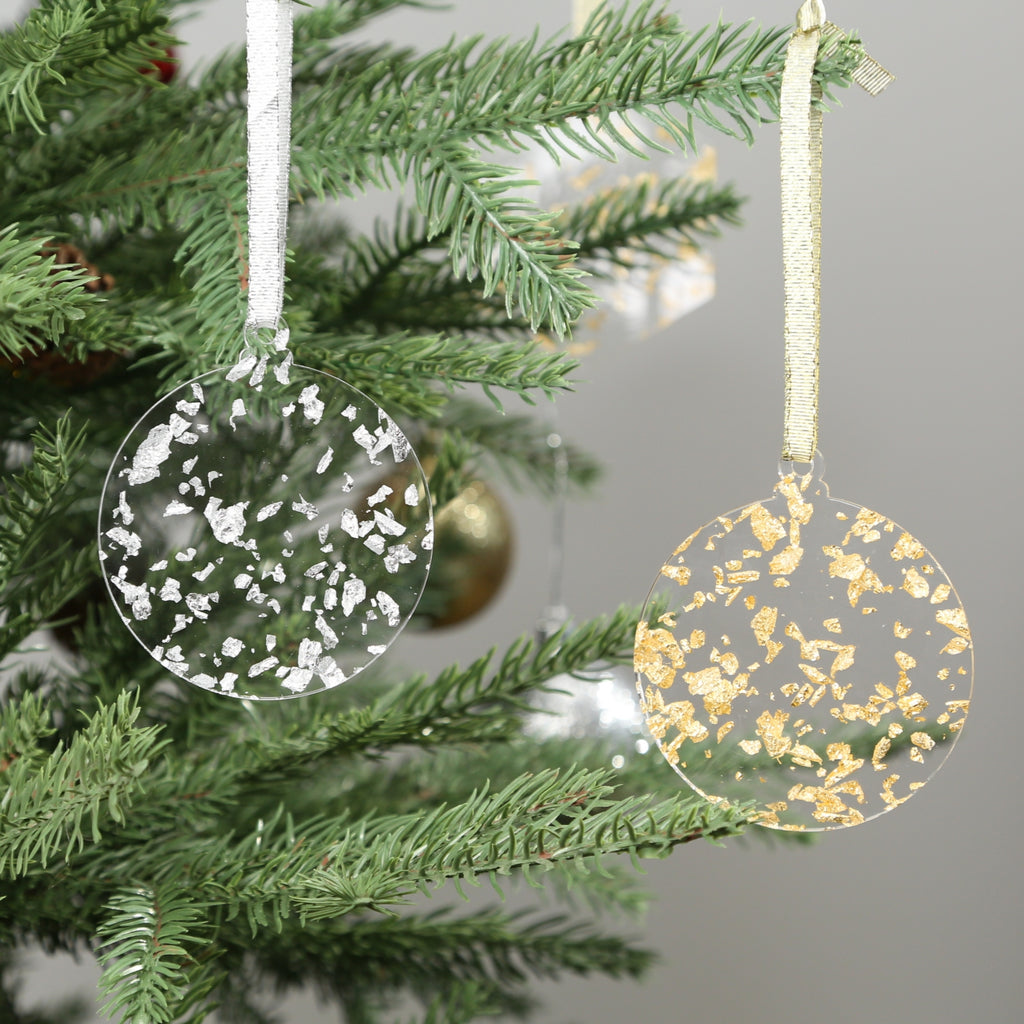 Acrylic 2023 Gold Leaf flakes Christmas Ornaments Set,  3", 3mm Thick, Round (Gold & Silver Foil Flakes)