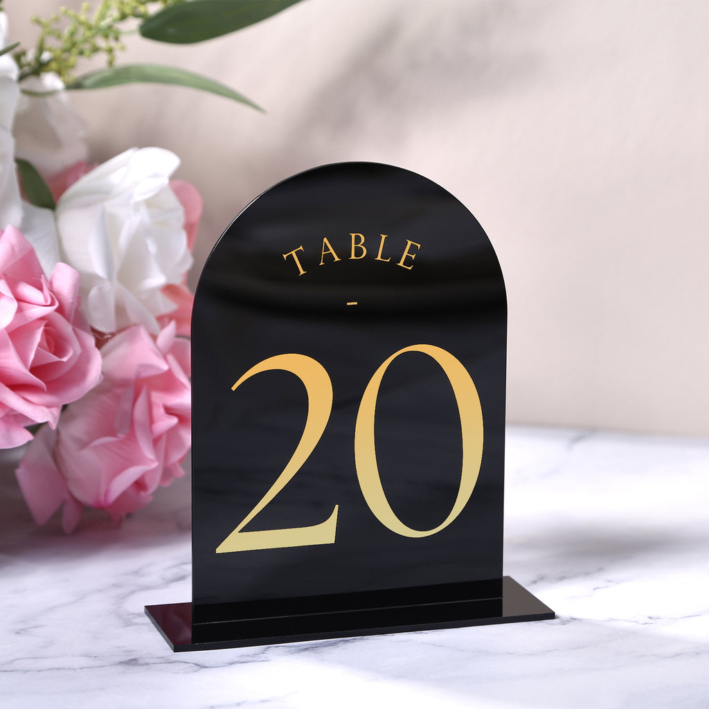 Black Arch Wedding Table Numbers with Stands 1-20