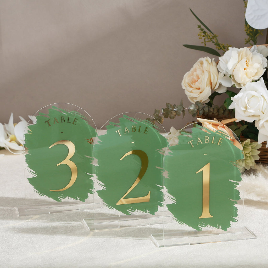 Turf Green Painted Arch Wedding Table Numbers with Stands 1-15