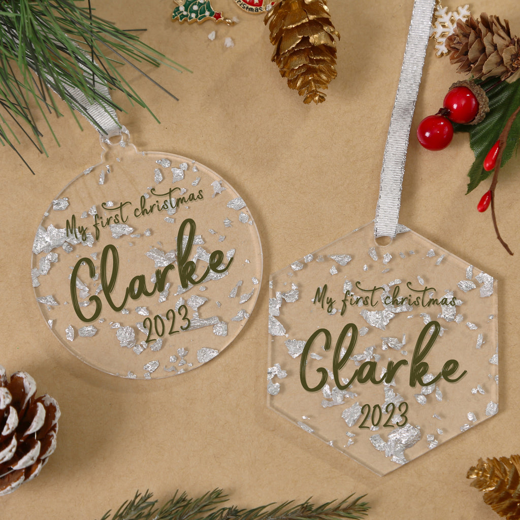 Acrylic Silver Leaf Flakes Christmas Ornaments Set,  3", 3mm Thick, Round & Hexagon (Silver Foil Flakes)