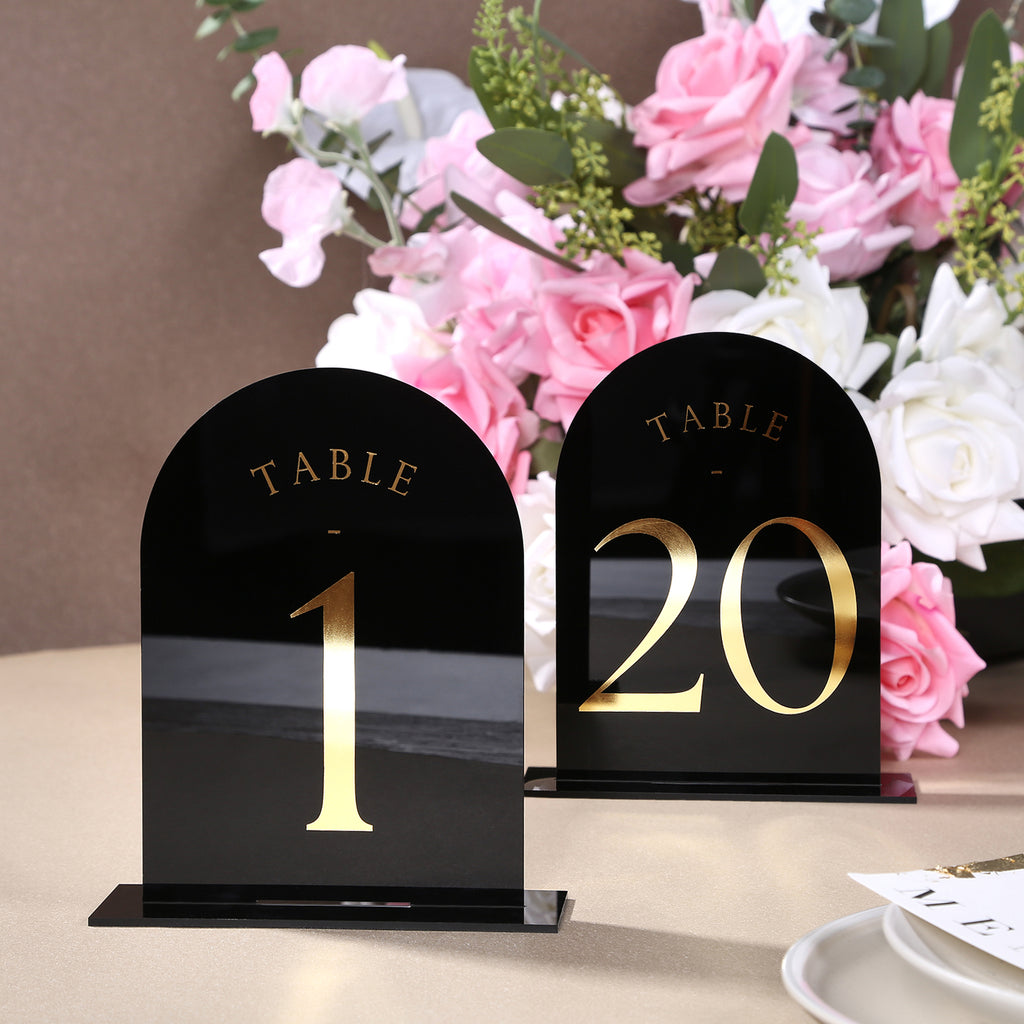 Black Arch Wedding Table Numbers with Stands 1-20