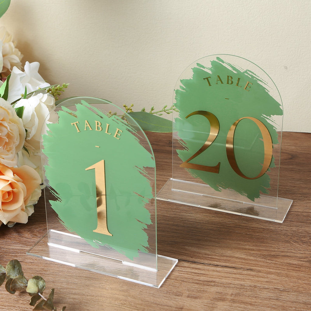 Turf Green Painted Arch Wedding Table Numbers with Stands 1-15