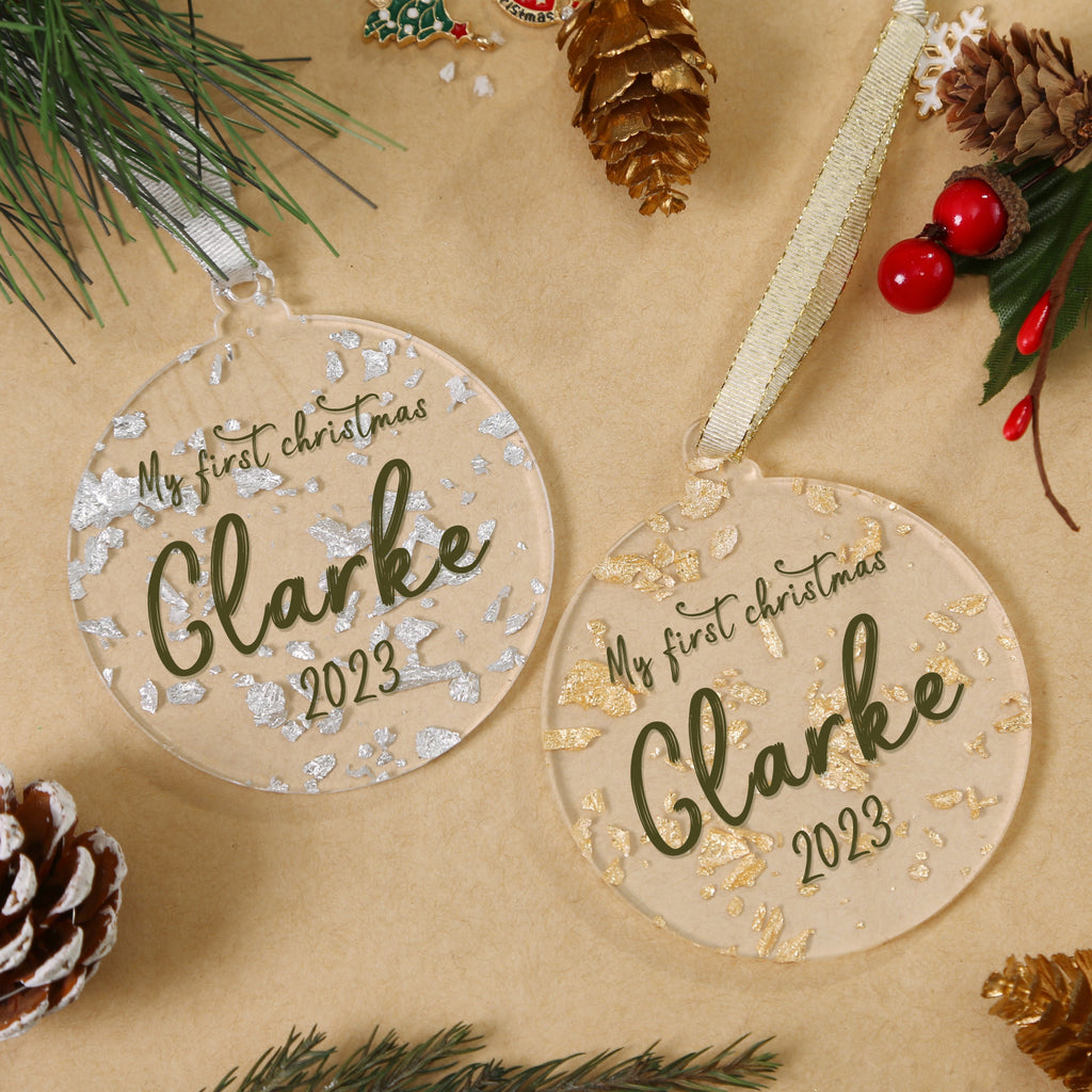 Acrylic 2023 Gold Leaf flakes Christmas Ornaments Set,  3", 3mm Thick, Round (Gold & Silver Foil Flakes)