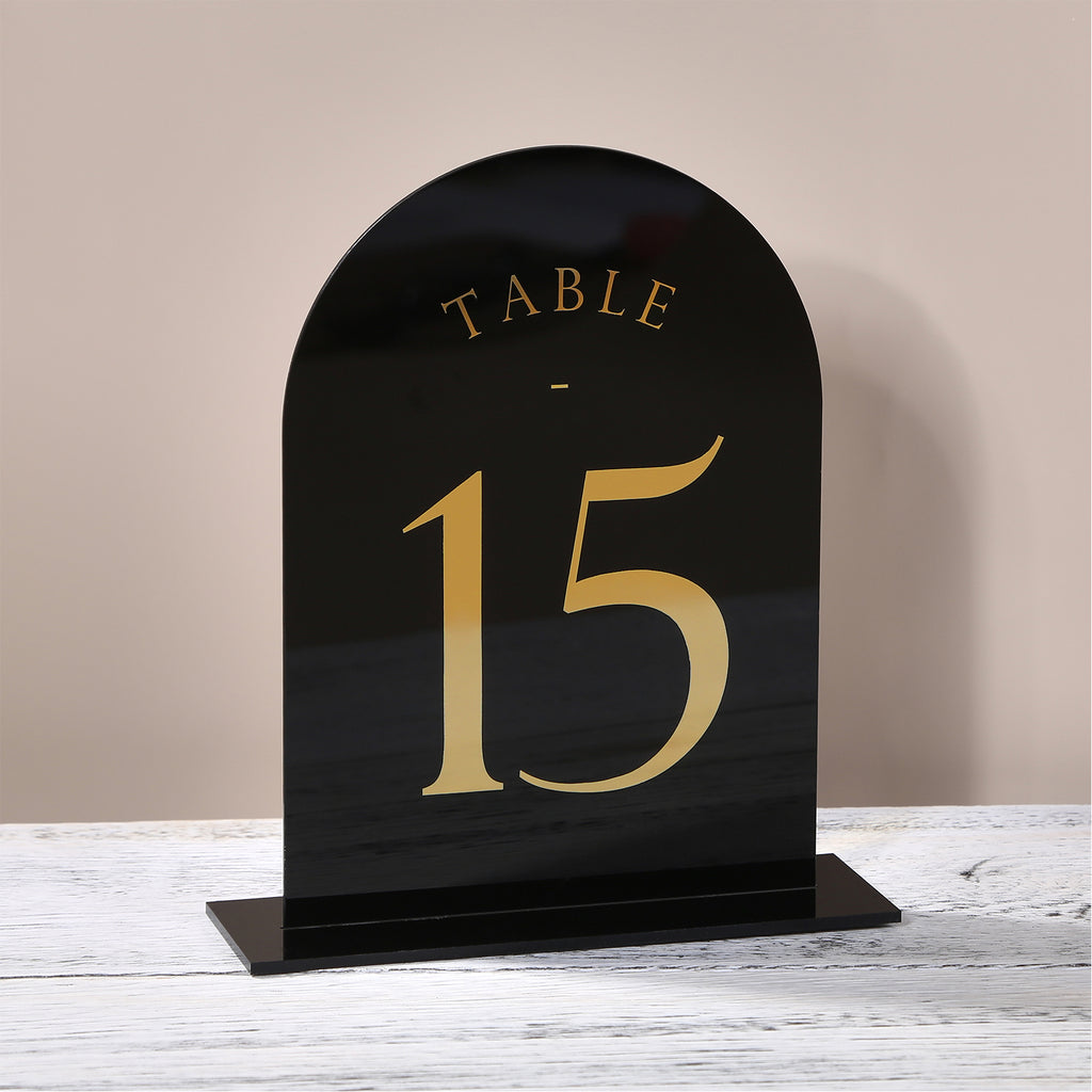 Black Arch Wedding Table Numbers with Stands 1-15