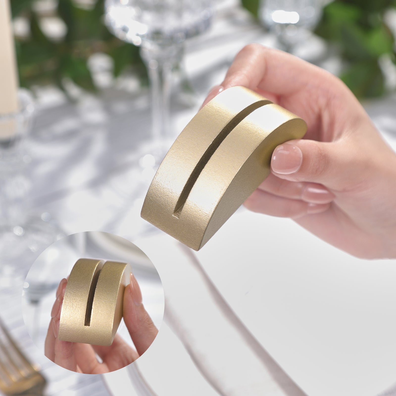 UNIQOOO 10 Pack 3.3" Arch Gold Wood Stand with 1/8" Slot, for Wedding Acrylic Table Number Sign, Wedding Display Stand, Card Holder, Great for Bar Menu, Retail Sign, Party and Events