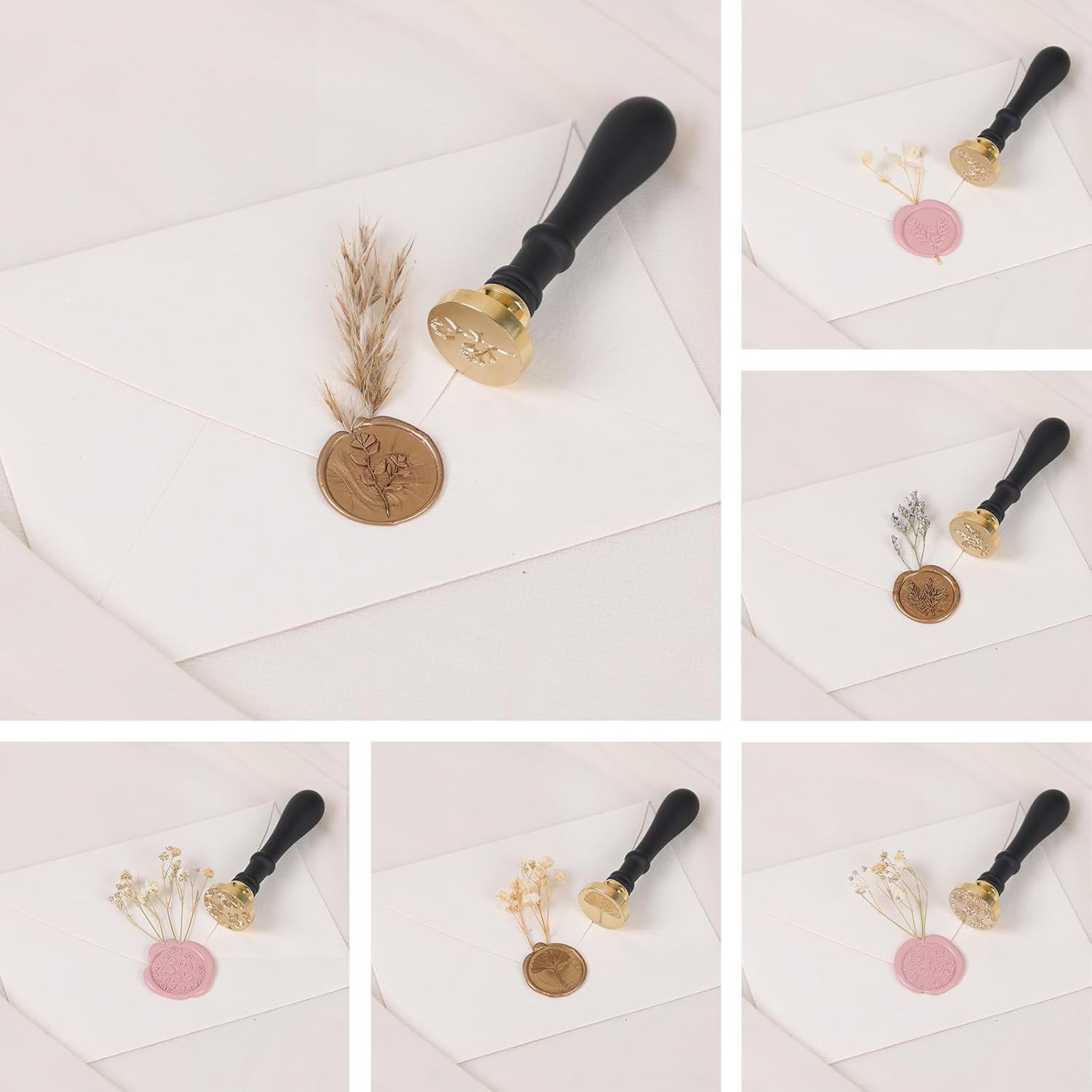6 Pcs Wax Seal Stamp Set, Floral Stamps Botanical Sealing Stamper Kit, Wooden Handle with Brass Head for Wedding Greeting Cards Gift
