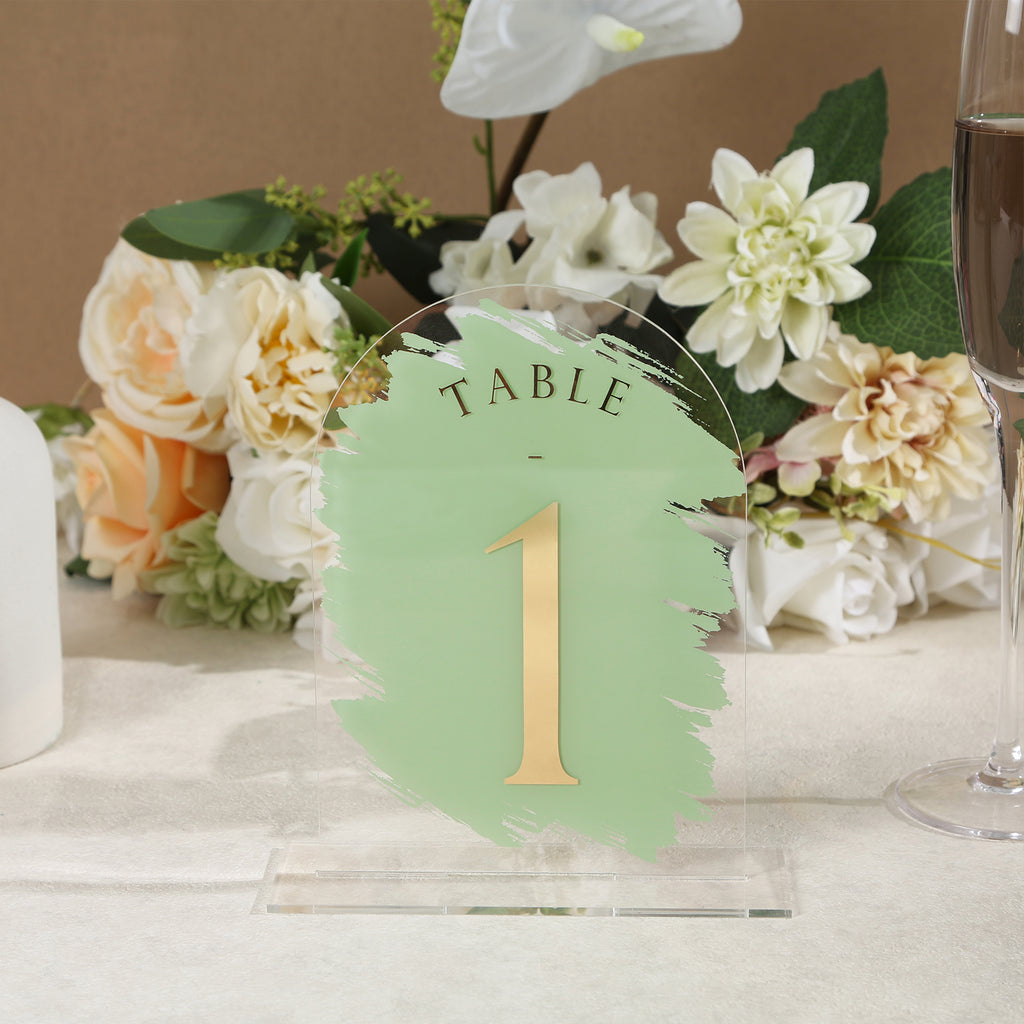 Sage Green Painted Arch Wedding Table Numbers with Stands 1-15