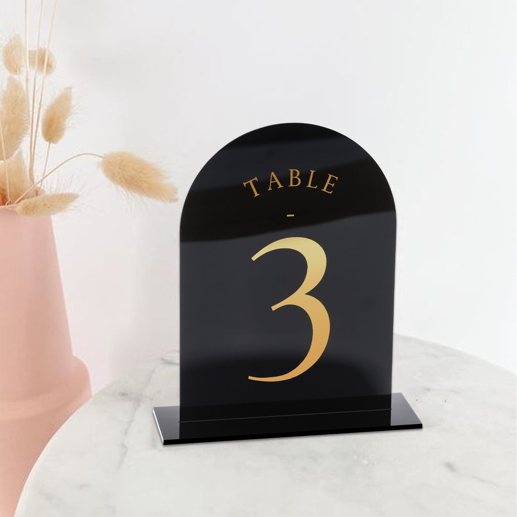 Black Arch Wedding Table Numbers with Stands 1-15