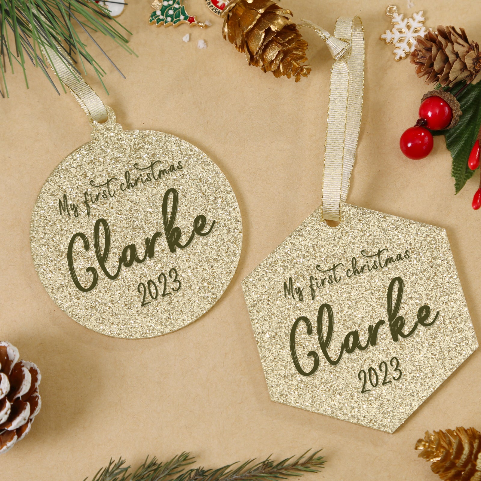 Acrylic Light Gold Glitter Christmas Ornaments Set,  3", 3mm Thick, Round & Hexagon (Light Gold Glitter)