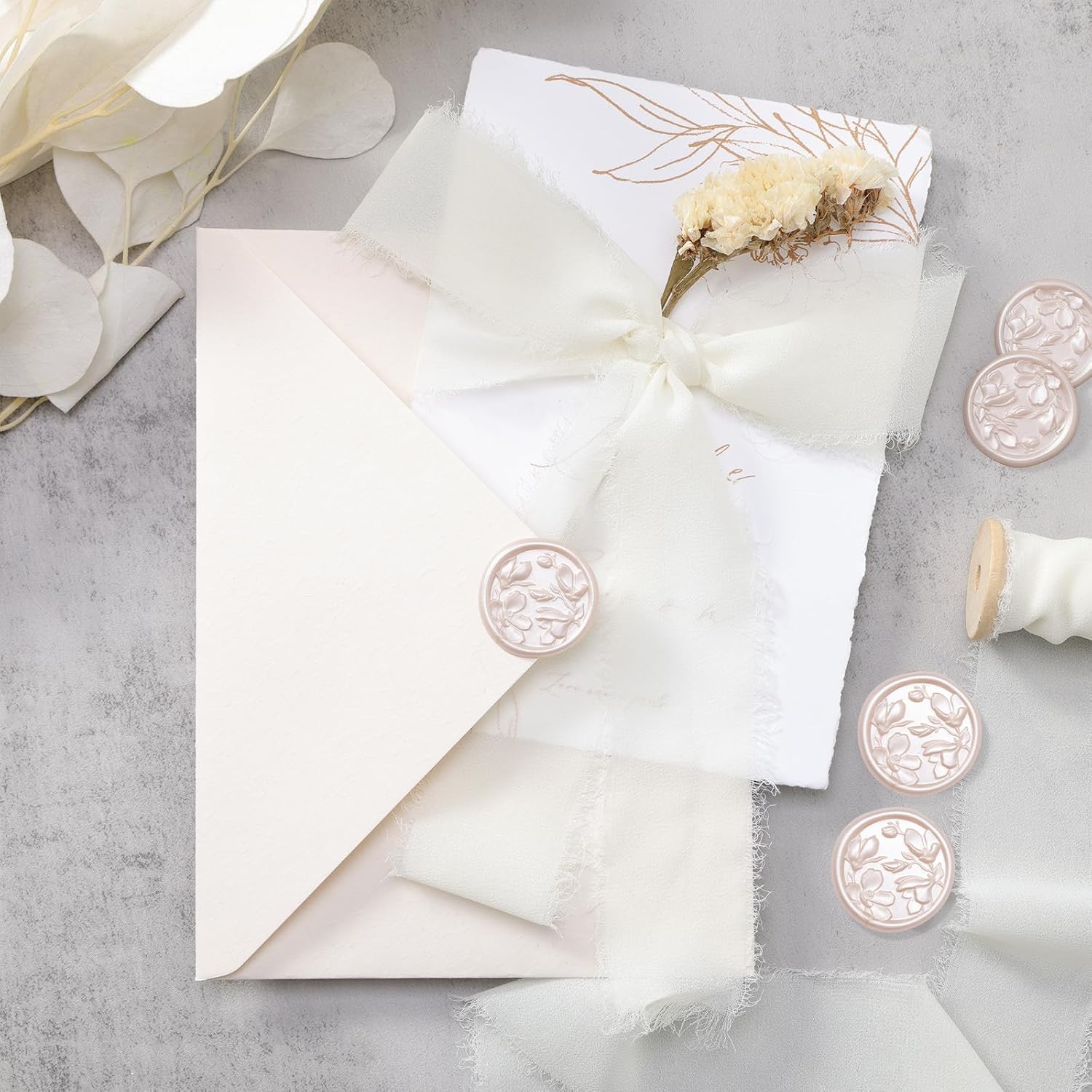 Wax Seal Stickers - 3D Magnolia Wedding Invitation Envelope Botanical Seal Sticker, 50 Pcs Self- Adhesive Champagne Stickers, Perfect for Invitation, Christmas, Gift Wrapping, Party