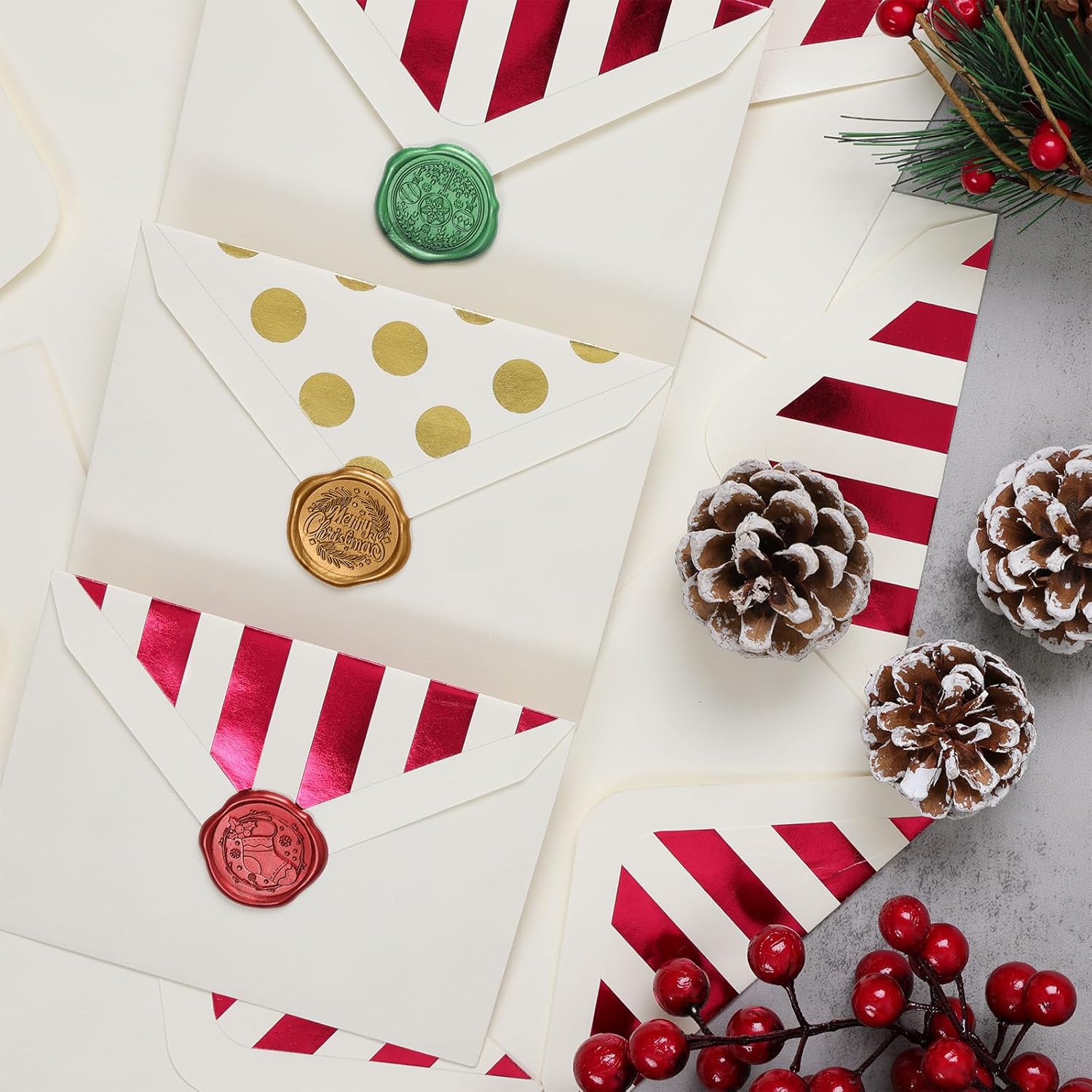 Christmas Wax Seal Stickers - Invitation Envelope Seal Stickers, 60 Pcs Self-Adhesive Gold Red Green Stickers, Perfect for Xmas, Gift Wrapping, (Merry Christmas, Christmas Stocking, Ornament)