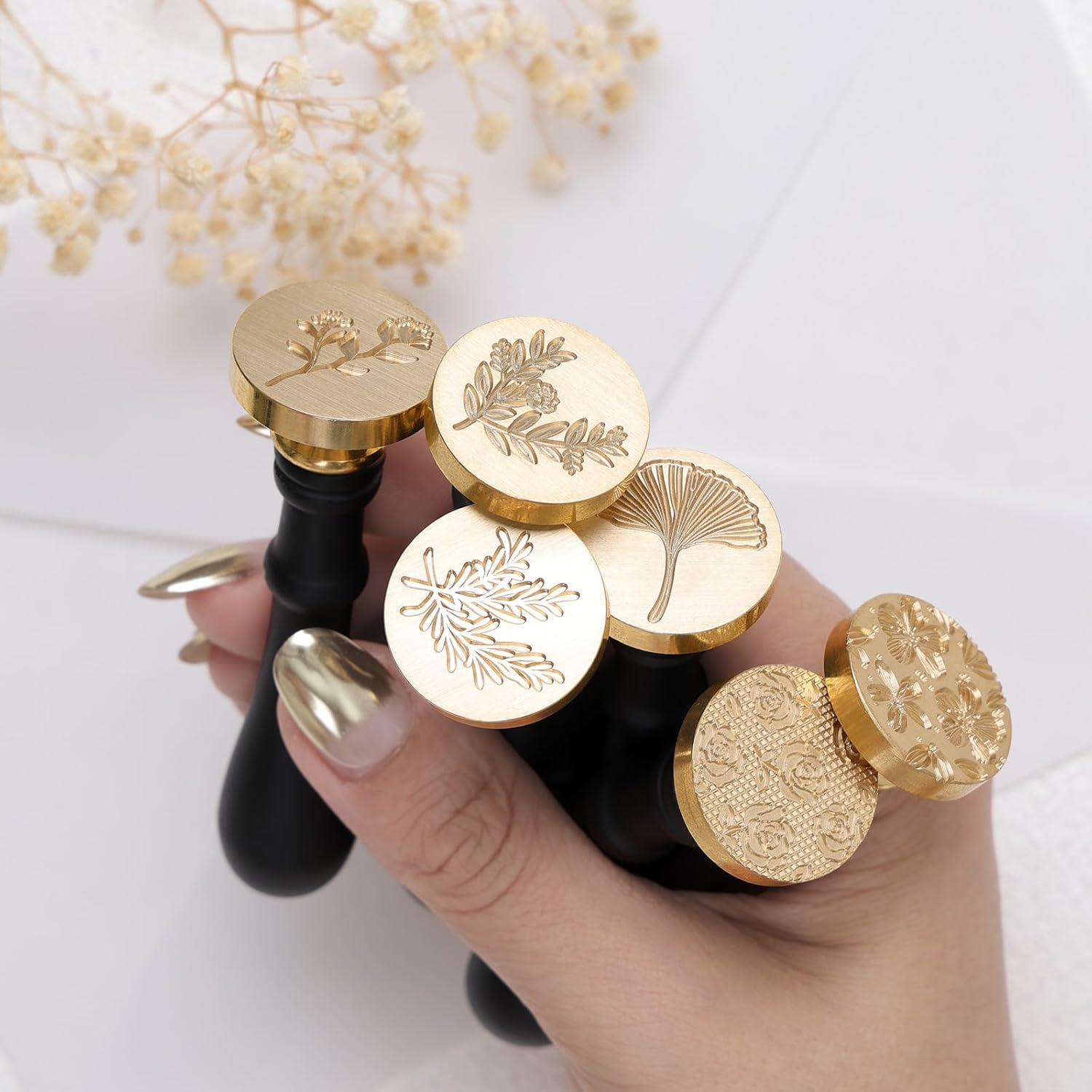 6 Pcs Wax Seal Stamp Set, Floral Stamps Botanical Sealing Stamper Kit, Wooden Handle with Brass Head for Wedding Greeting Cards Gift