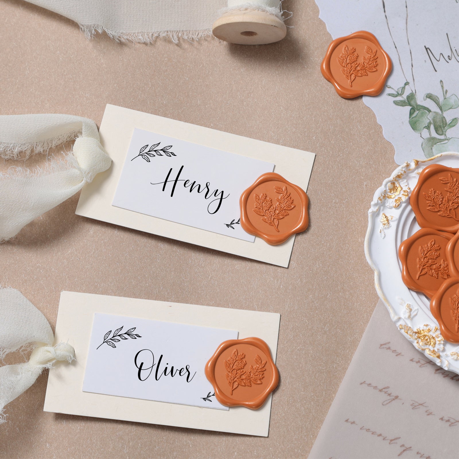 Wax Seal Stickers - Wedding Invitation Envelope Seal Stickers Self Adhesive Ruse Orange Terrecotta Stickers, Eucalyptus, 50pcs