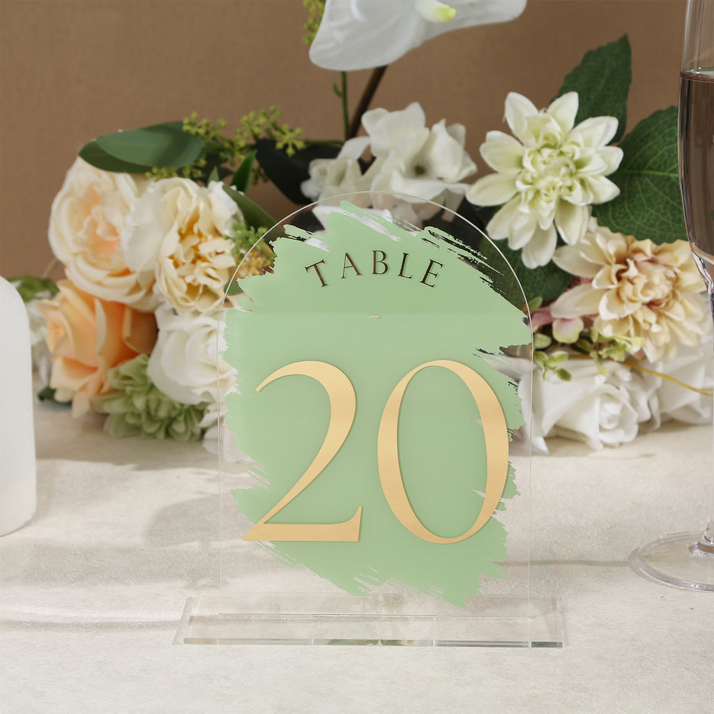 Sage Green Painted Arch Wedding Table Numbers with Stands 1-20