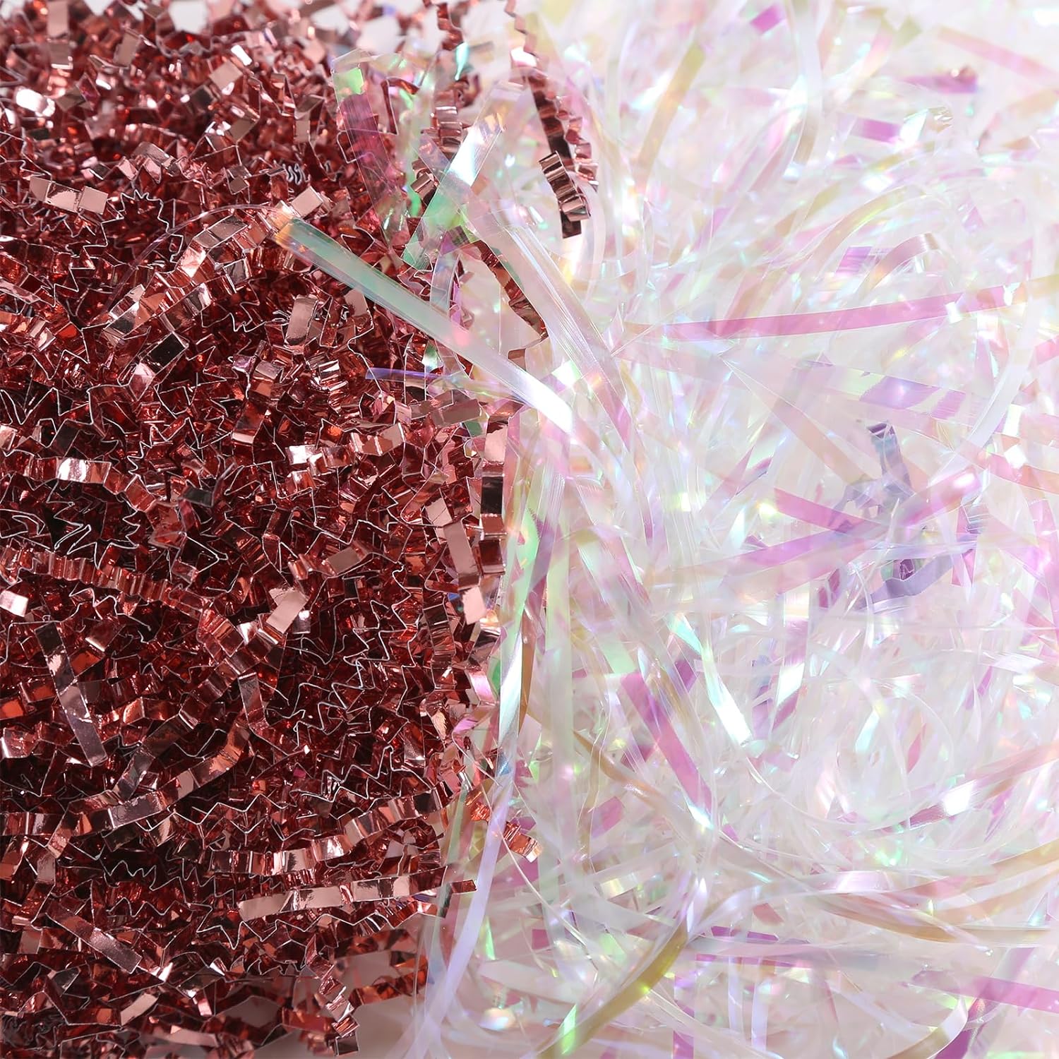 UNIQOOO 1/2 LB Metallic Rose Gold Crinkle Cut Paper Shredded Filler, Pink Grass Raffia Tissue, Strands Shred Craft Bedding Cushion, Wedding Mothers Day Bridesmaid Engagement Gift Boxes Bags Retail