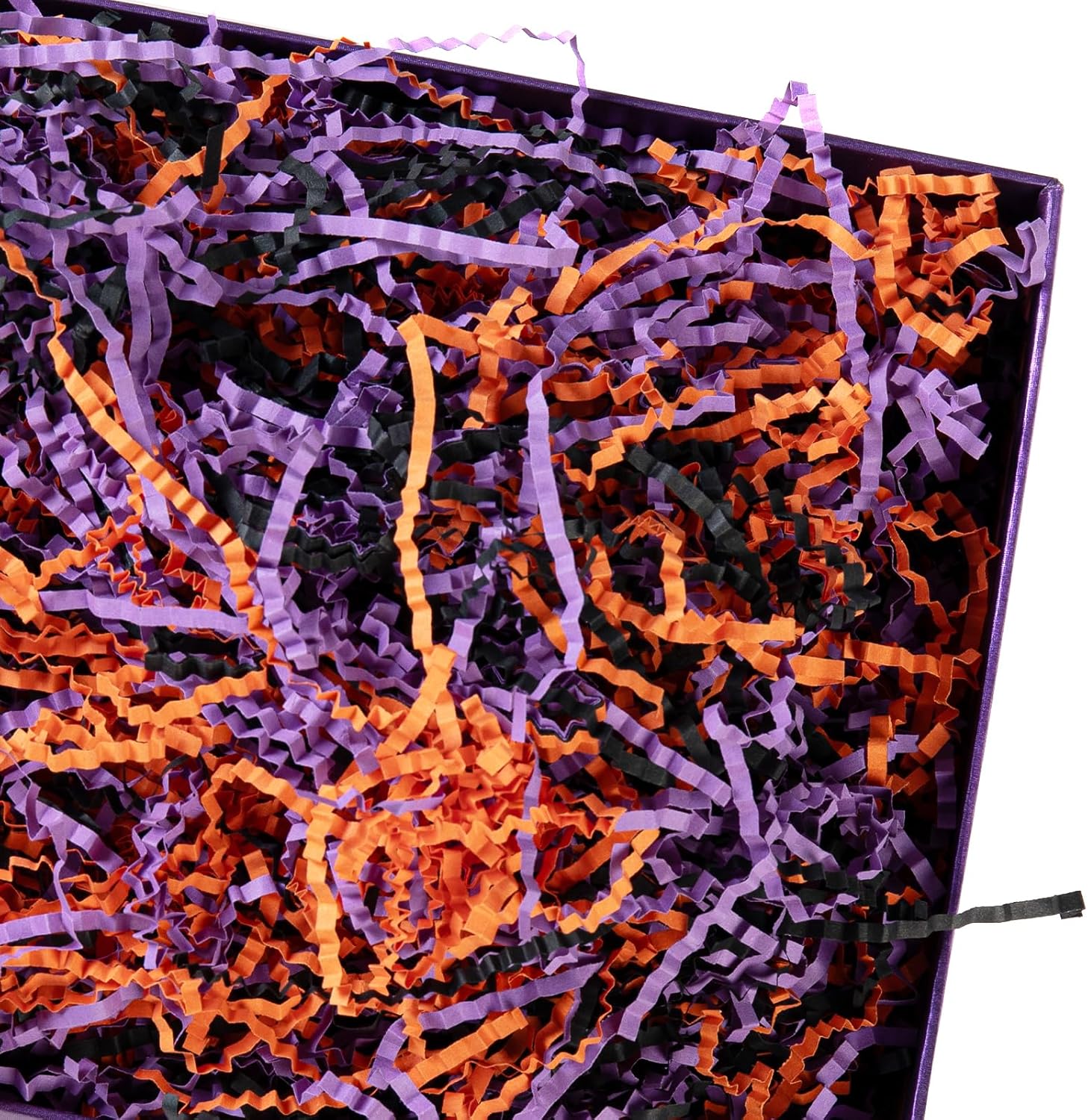 1LB Halloween Crinkle Cut Paper Shred, Black Orange Purple Raffia Paper Sherd Filler Grass with Ghost Decoration for Gift Wrapping Basket Filling Birthdays Weddings Party Supply