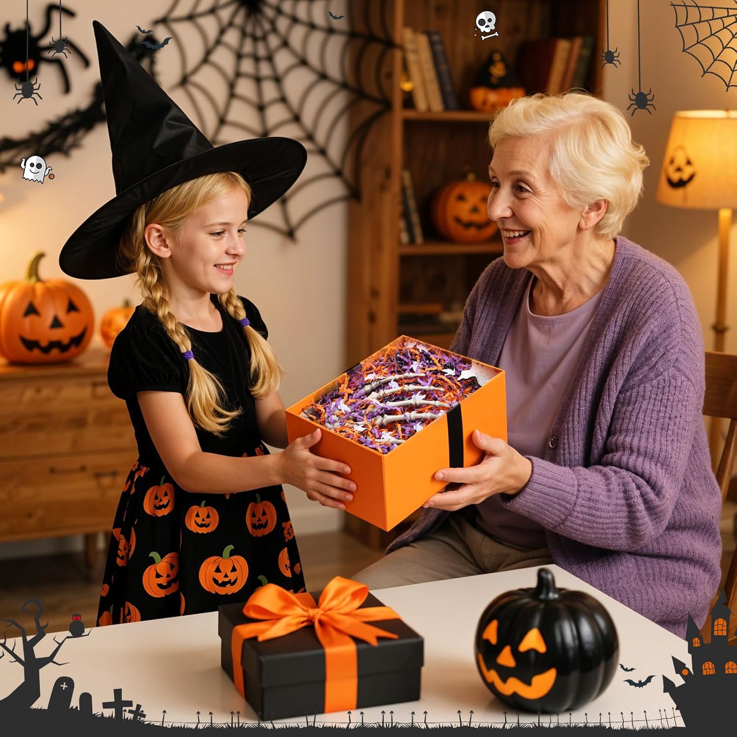 1LB Halloween Crinkle Paper Filler, Black Orange Purple Crinkle Cut Paper with Ghost Confetti Shred Filler for Gift Baskets Filling Gift Wrapping